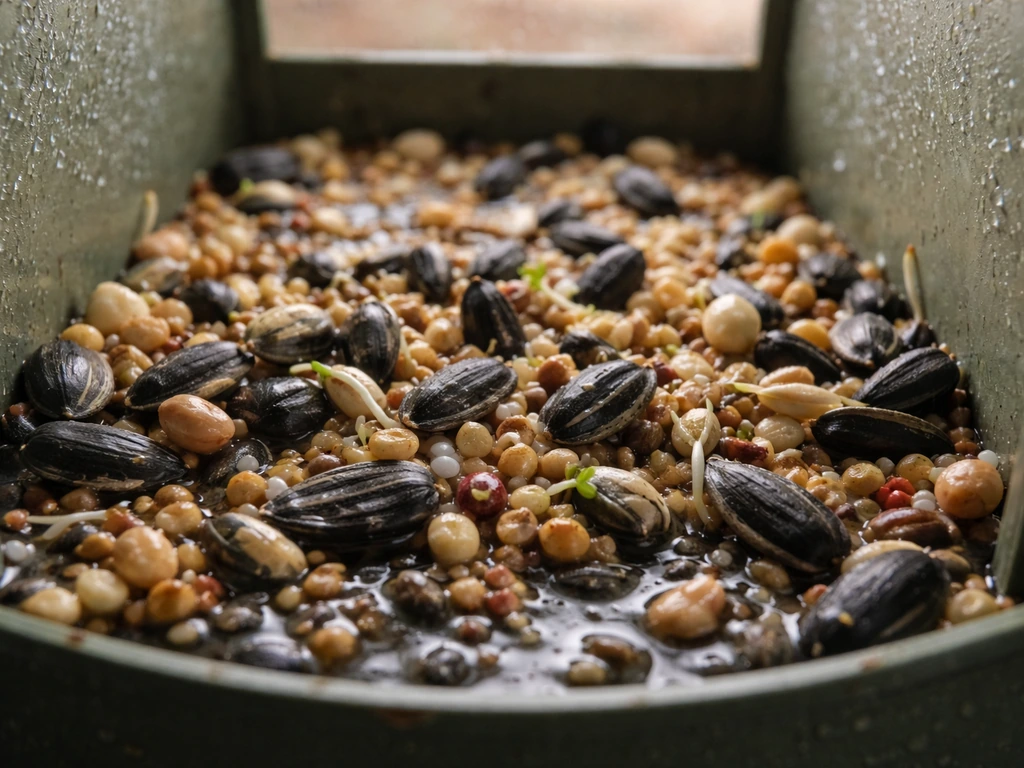 Close-up of slightly wet, lightly sprouting seeds clumped in the bottom of a feeder.