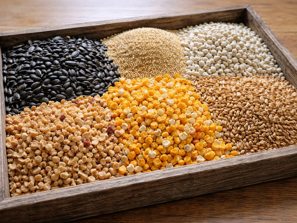 Wooden tray of mixed bird seeds showing sunflower, millet, safflower, peanuts, corn, oats, and wheat grains.