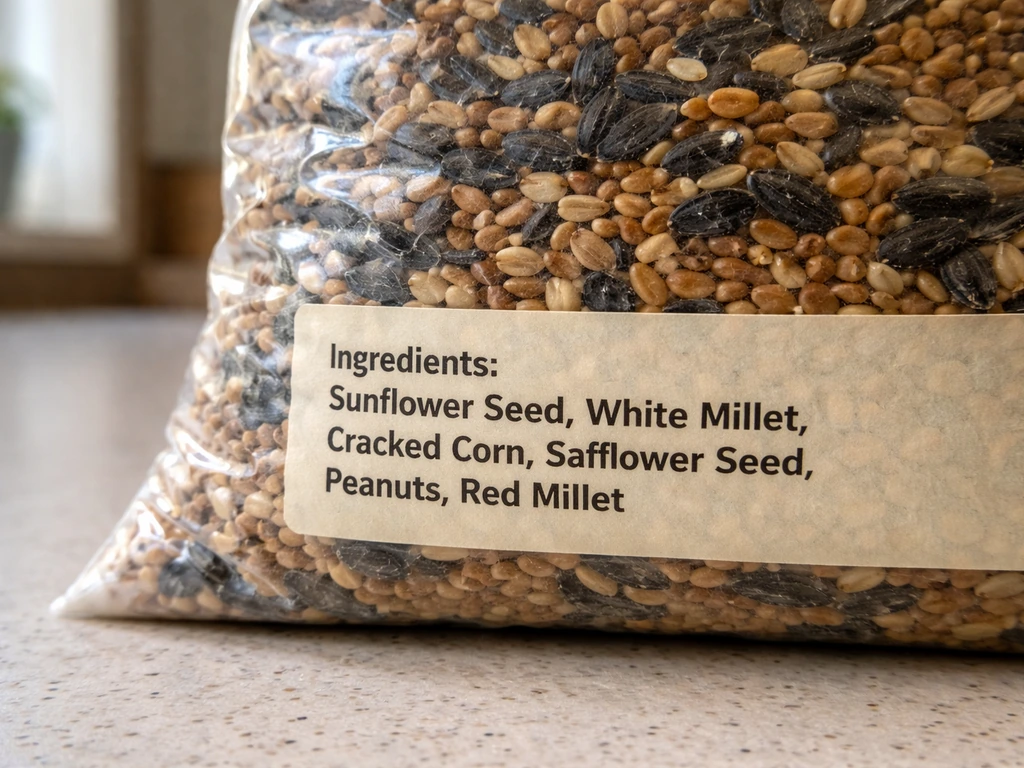 Close-up of a bird seed bag ingredient statement showing clearly spelled-out seed names.