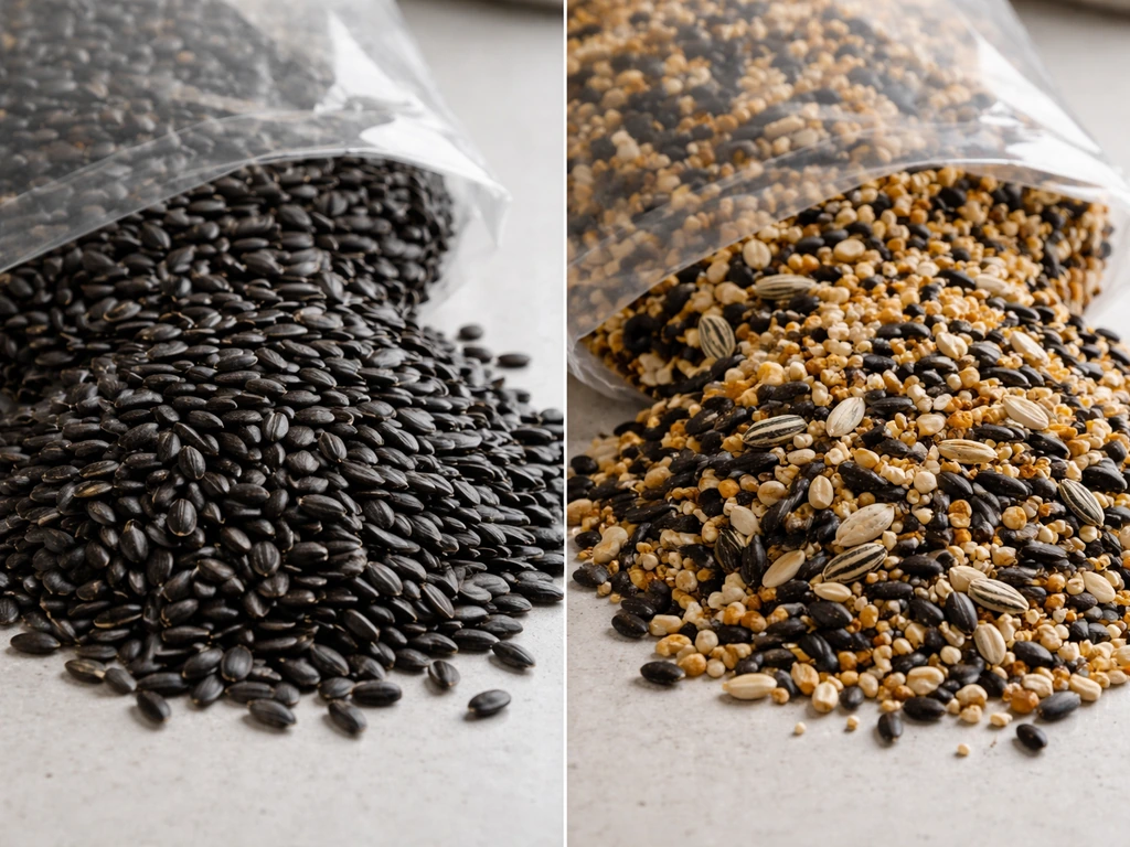 Split-screen: uniform black sunflower seeds spilled from a seed-only bag vs varied seeds from a blended mix bag
