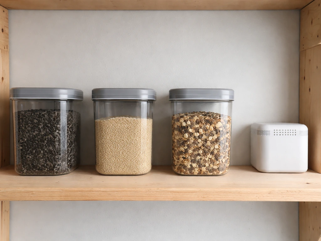Airtight jars of different bird seeds separated on a shelf in a dry, tidy storage area