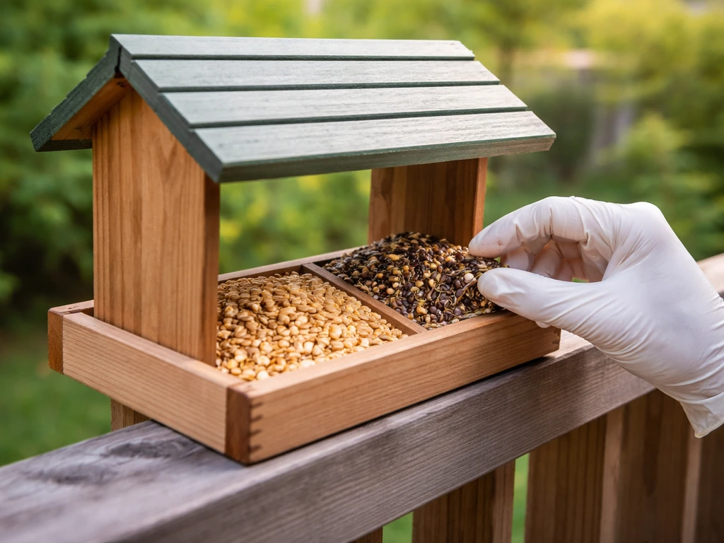 Close-up of a bird feeder with two separate seed piles being inspected for freshness and possible spoilage.