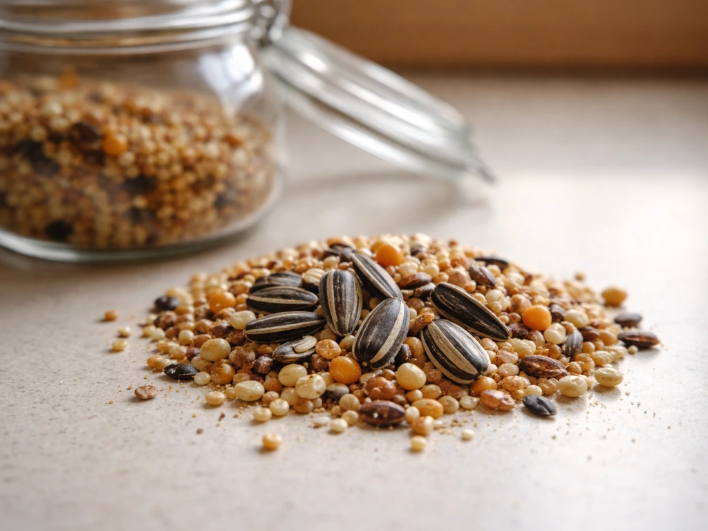 Close-up of bird seed on a countertop, showing aged-looking sunflower seeds beside a glass jar lid.