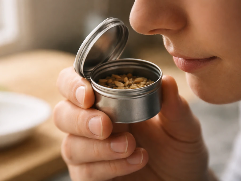 Hand holds open seed container near nose for a slow sniff, kitchen counter background, minimal view.