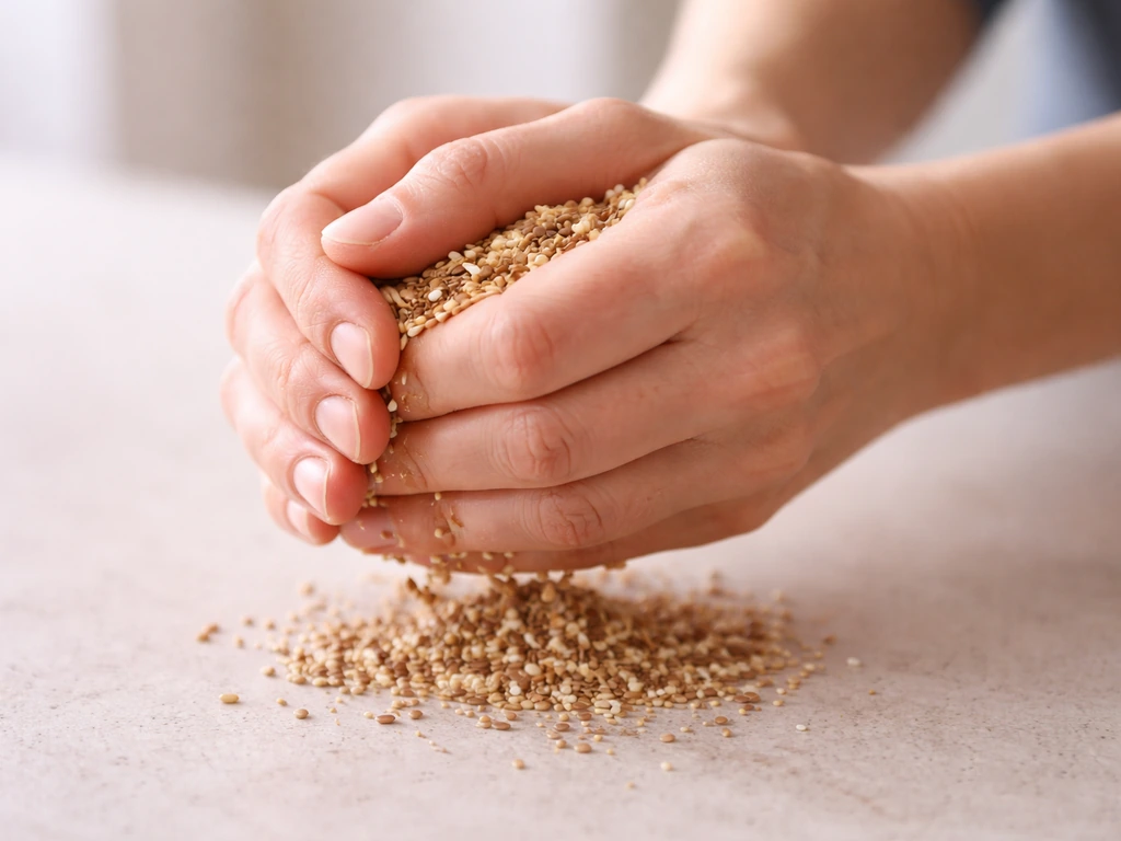 Close-up of hands pressing a small handful of dry seeds to check if they’re loose and moisture-free.