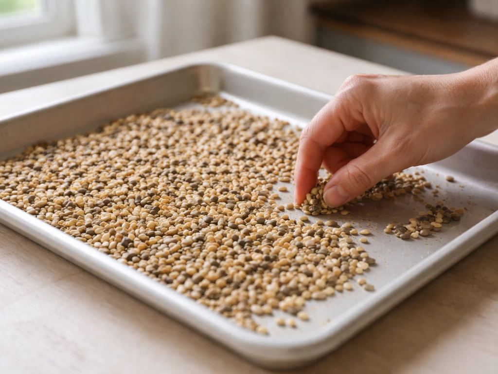 Clean baking tray with seed spread thin; a hand sorting out clumped and suspect kernels.