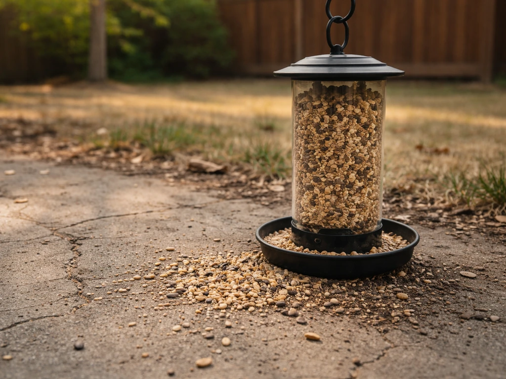 Outdoor bird feeder with spilled bird seed on the ground, suggesting roaches are attracted to accessible food.