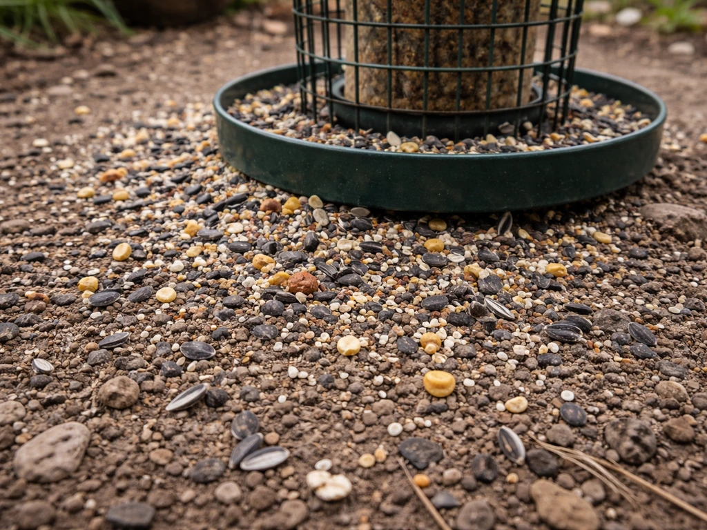 Scattered spilled bird seed and empty hulls around a ground bird feeder.