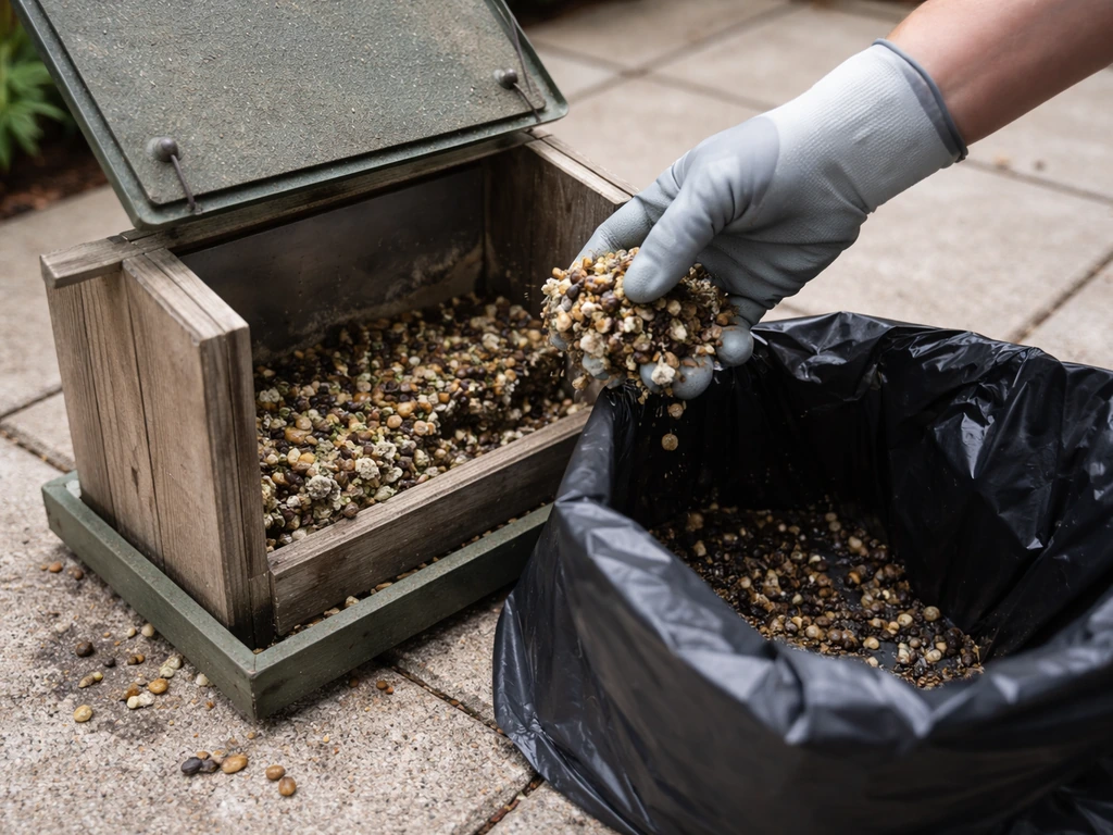 Hand scooping clumped moldy birdseed from an open feeder into a trash bag on a patio