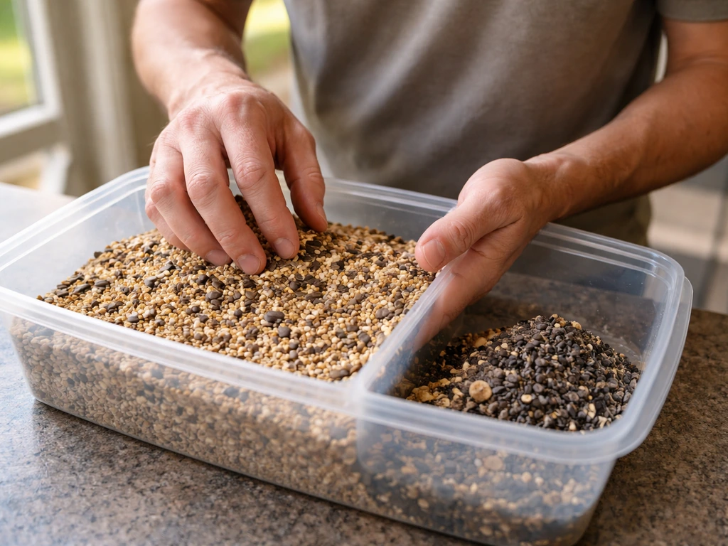 Person inspecting a bag of dry bird seed, sorting fresh seed from suspect seed in a simple kitchen setting.
