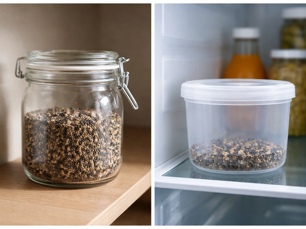 Side-by-side pantry canister and fridge container holding small seeds, suggesting most storage works at cool dry room te