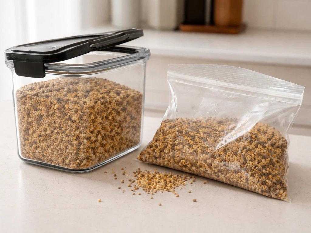 A hard-sided airtight bird seed container with gasketed lid beside an open resealable bag showing moisture risk.