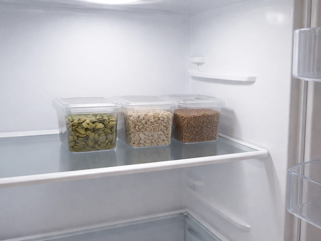 Fridge interior with seed containers on the back of a middle shelf, away from the door.