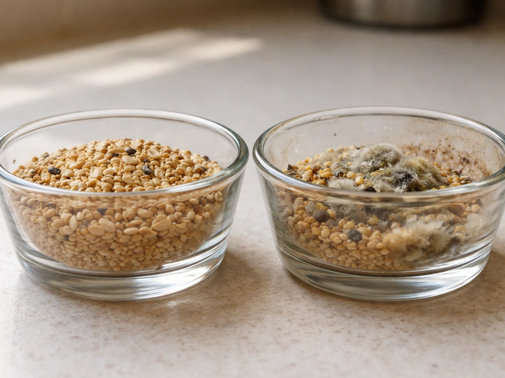 Close-up of dry bird seed beside a few seeds with visible gray/green/black mold and a dirty container wall residue.