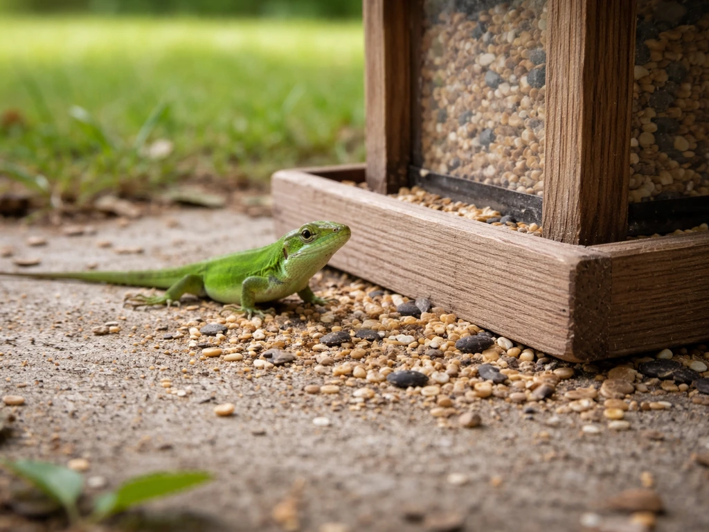 Green lizard near a bird feeder with scattered bird seed on the ground in a quiet backyard.