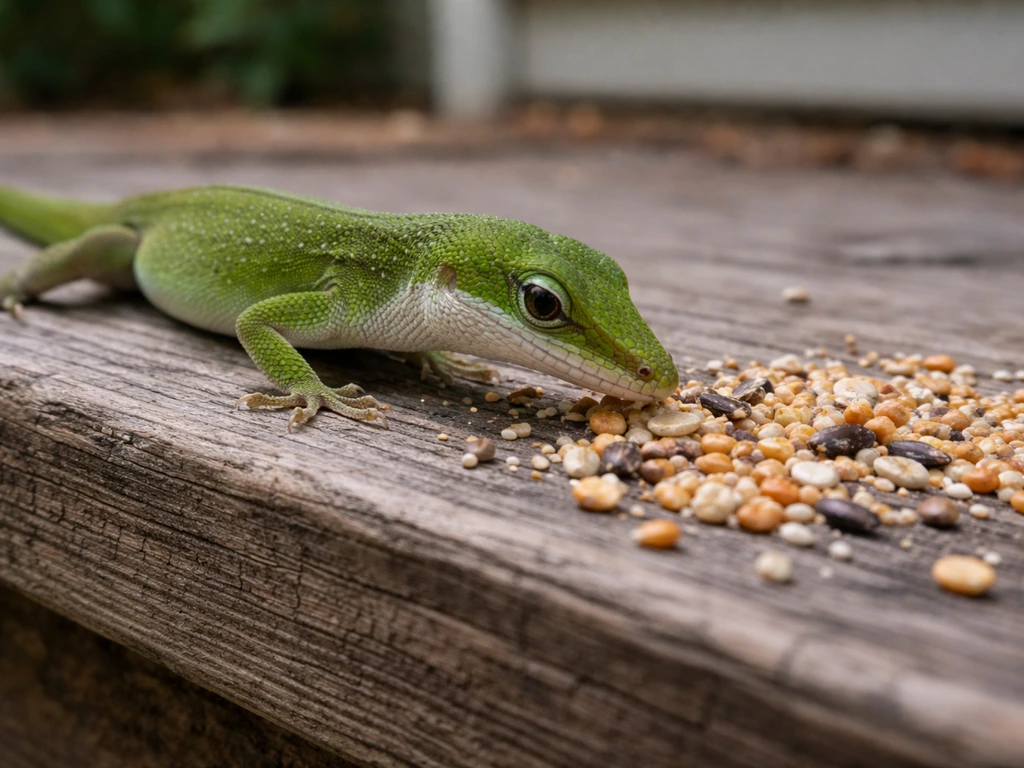 Close-up of a green anole near spilled bird seed on a porch step, suggesting opportunistic snacking.