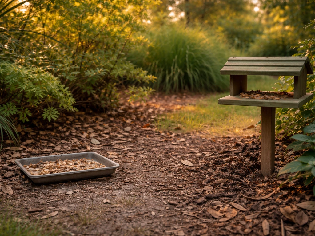 Backyard garden showing an open low seed tray near brush beside a higher covered feeder on a stake.