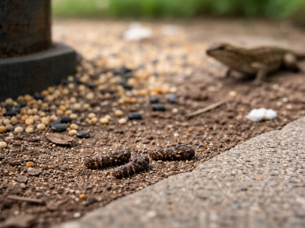 Small lizard droppings on dry soil near a seed feeder, with a lizard hunting at the perimeter.