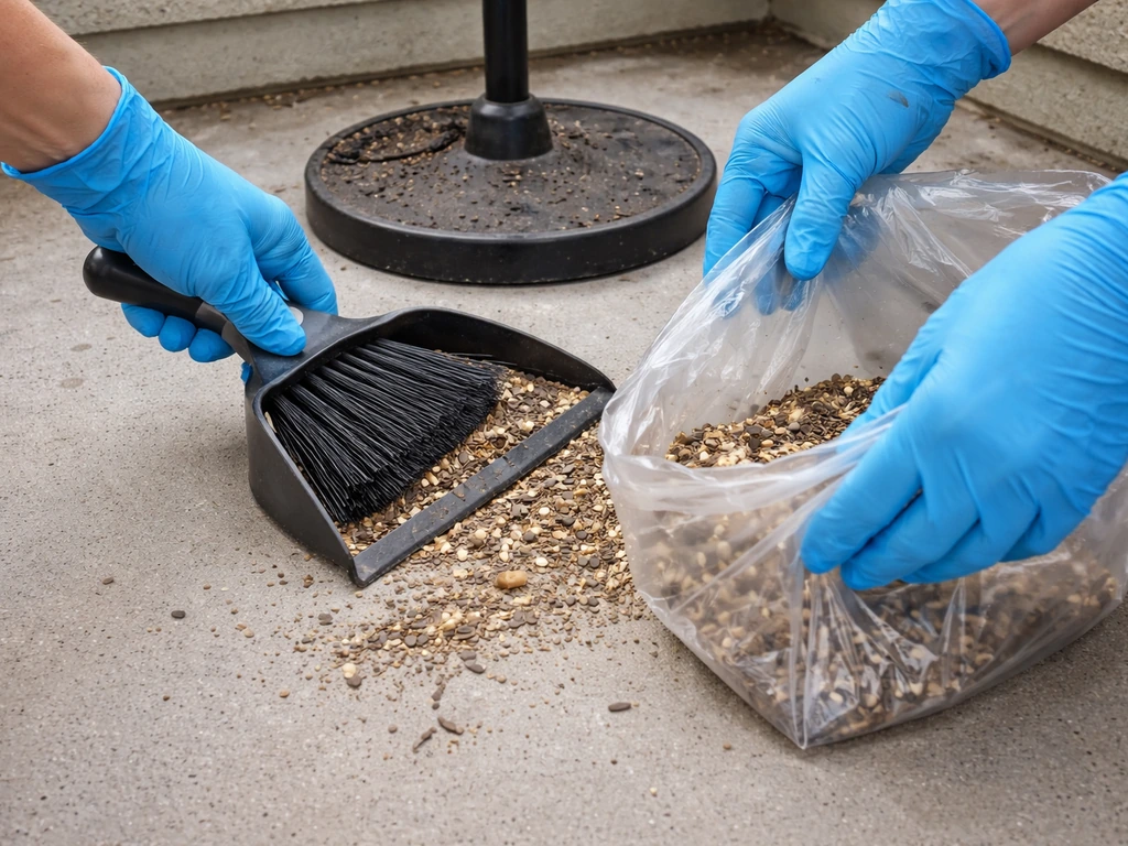 Disposable gloves cleaning spilled reptile seed under a feeder, debris swept into a bag.
