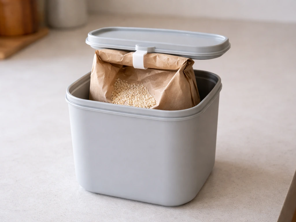 A rolled, clipped opened bag placed into a sealed hard storage container on a kitchen counter.