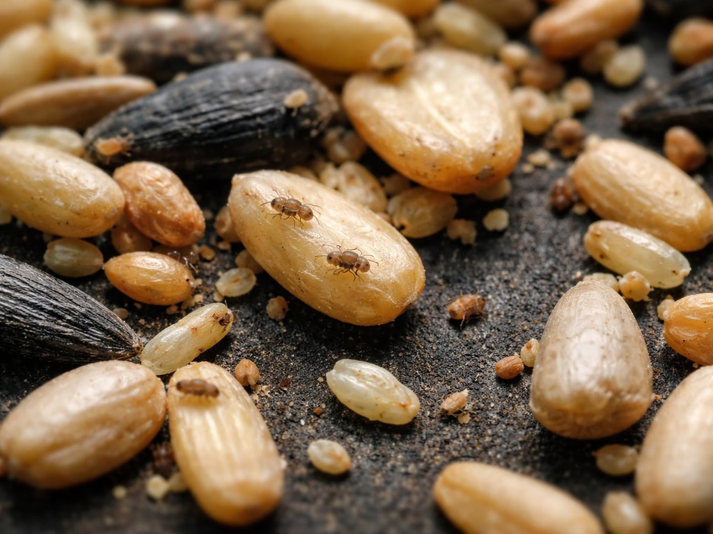 Macro close-up of bird seed kernels with tiny moving mites visible on the surface