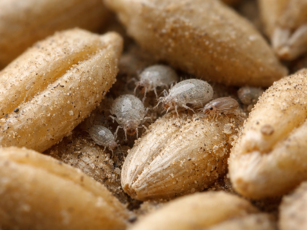 Macro close-up of pale mites and booklice-like pests among bird seed kernels.