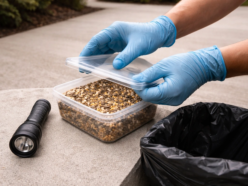 Gloved hands open a seed container on a porch with flashlight and trash bag nearby, outdoors.