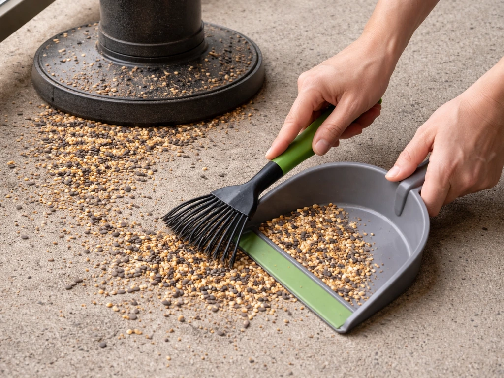Hands rake and sweep spilled bird seed from under a feeder into a dustpan on a concrete floor.