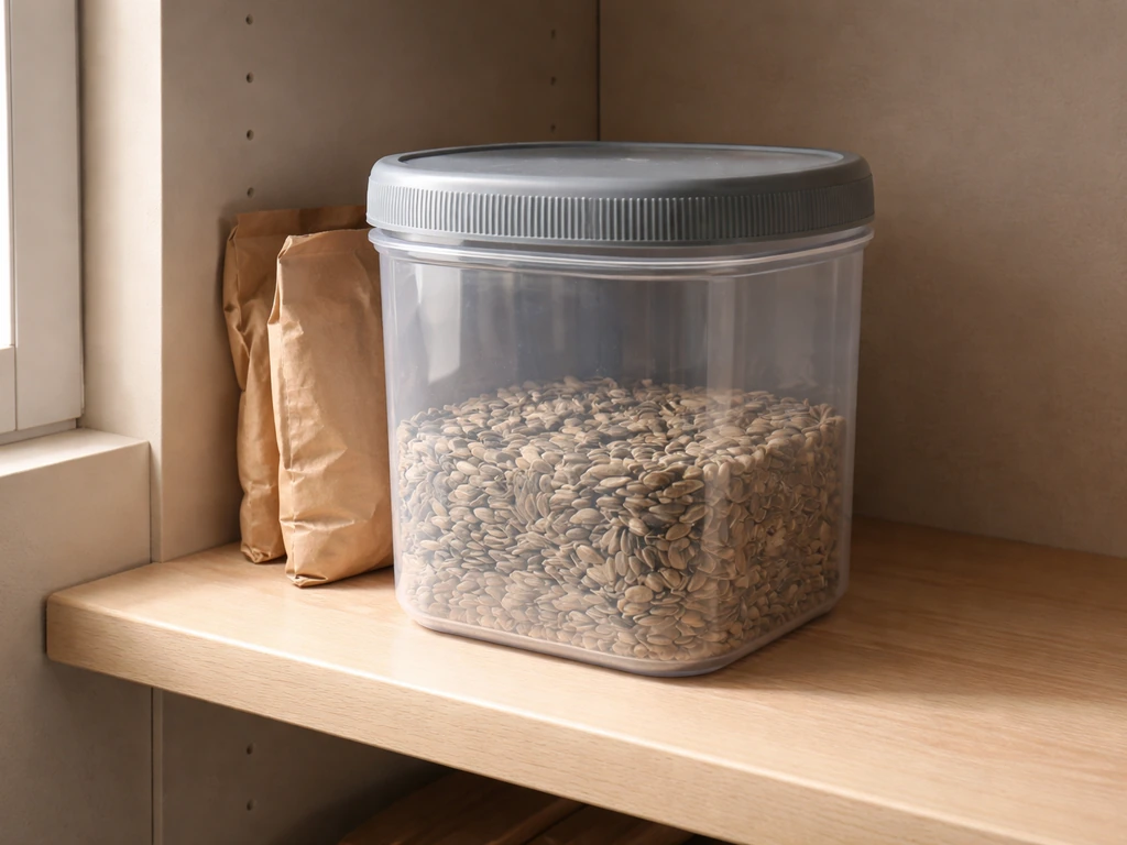 Airtight hard-sided container with tight lid beside a cool, dry storage shelf holding seed bags.