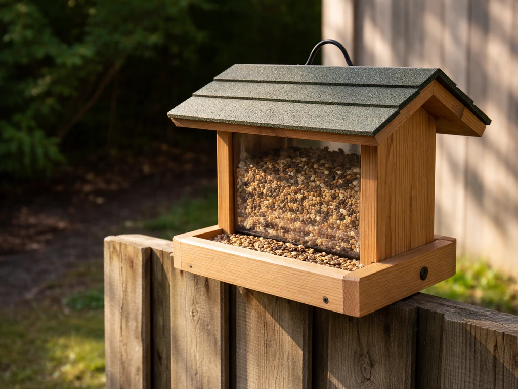 Wooden bird feeder placed in bright airy sunlit yard, with a shaded damp corner blurred behind.