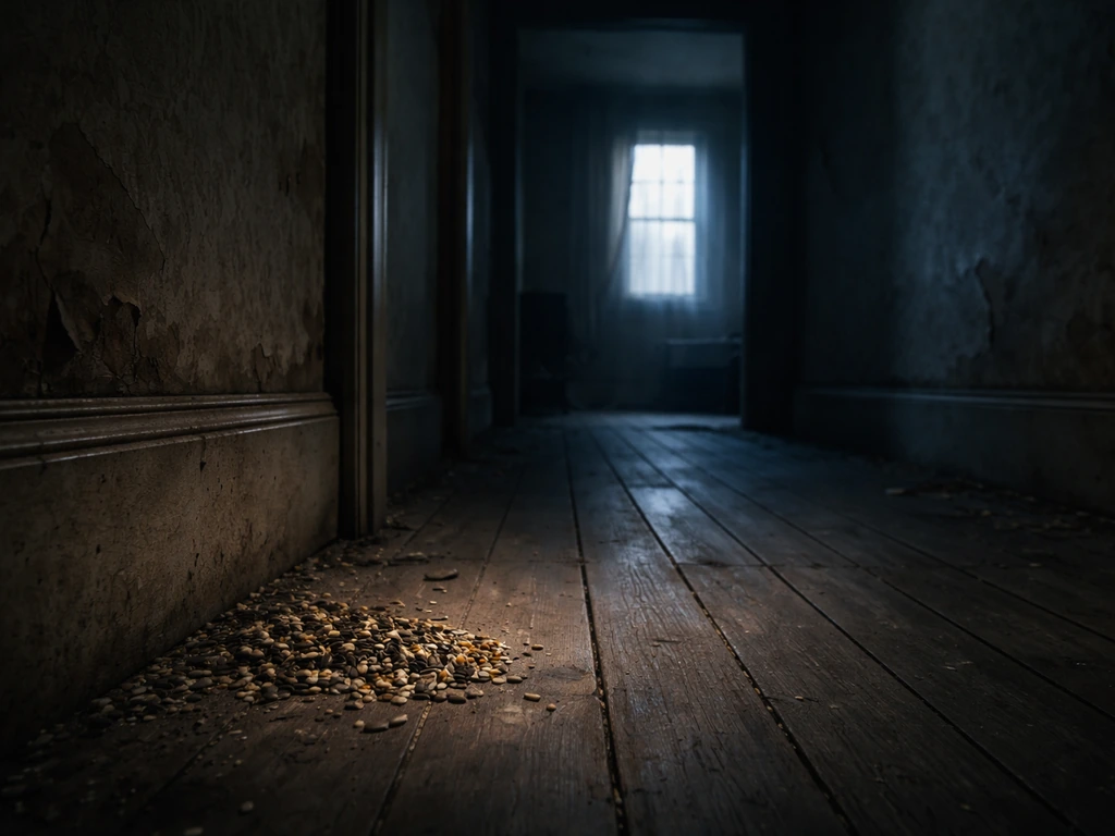 Eerie dim room inside an old house with a small pile of bird seed near a baseboard, lit by moonlight.