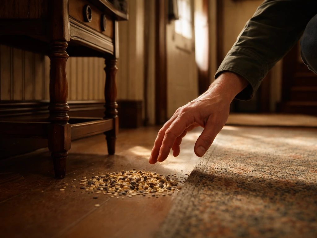 Close-up of bird seed being found in a cozy old house entryway, with a hand setting it down