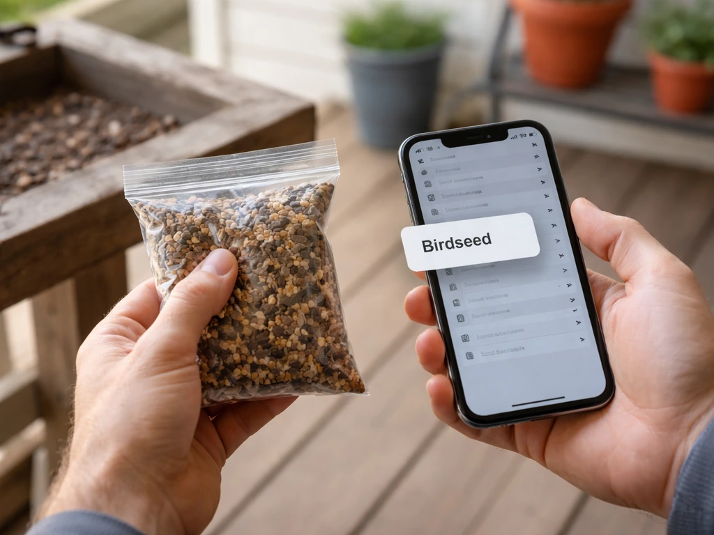 Hand holding a small bag of bird seed near an empty feeding area while checking items on a phone
