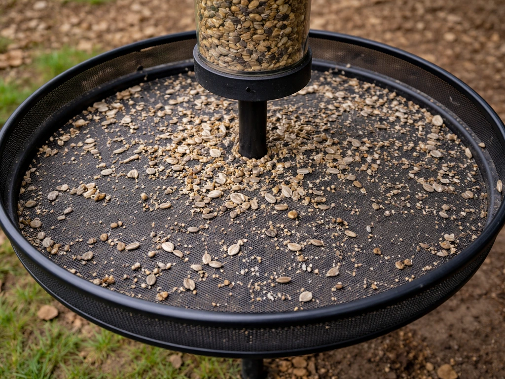 Top-down view of a bird feeder seed-catcher tray under a feeder with scattered spilled seeds inside.