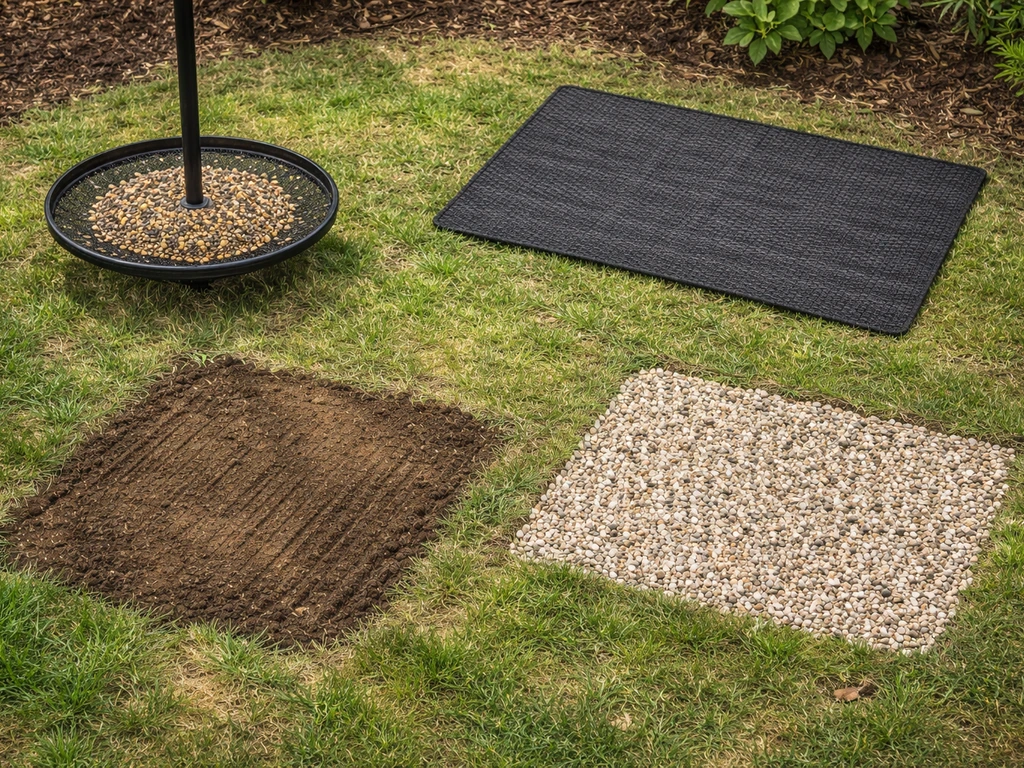 Overhead view of four bird-feeder underlay materials: tray, mat, pea gravel, and raked bare earth.