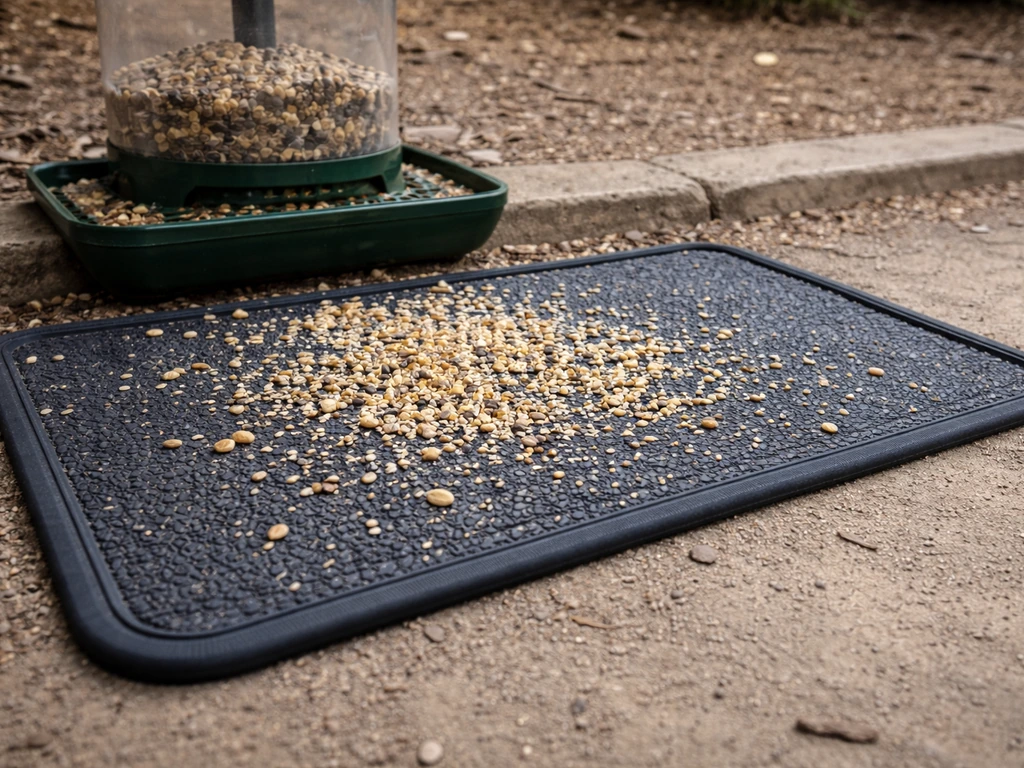 Rubber catch mat under a low bird feeder with spilled seed and hulls on the surface.