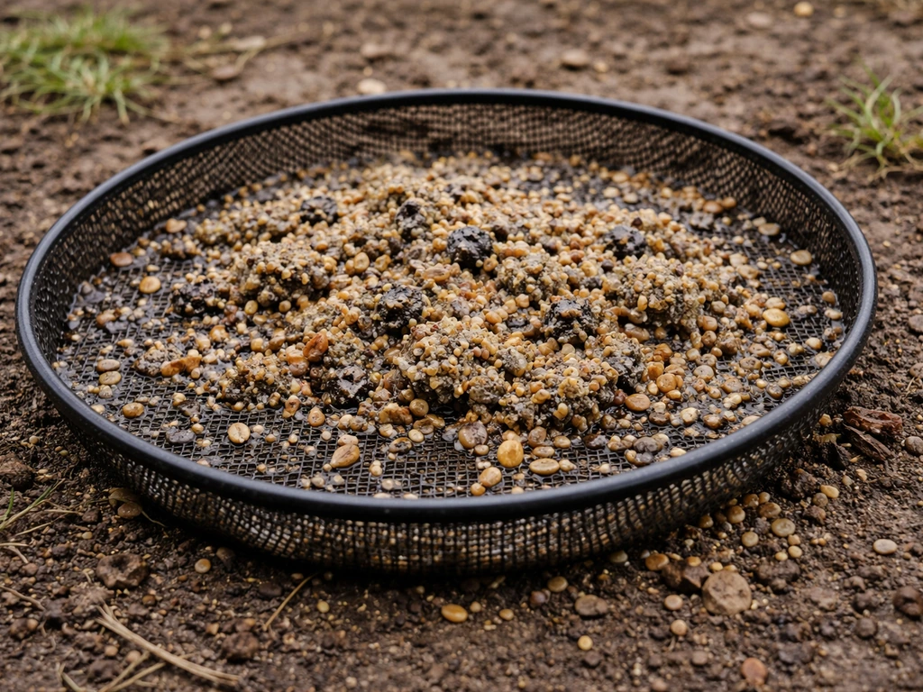 Wet, compacted bird seed clumps collected in a seed catcher tray under a feeder on dirt ground.