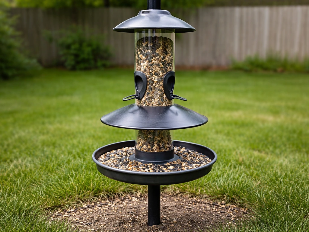 Pole-mounted tube feeder with a tray/baffle setup, leveled and positioned to reduce spilled seed on the ground.