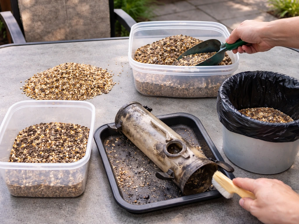 Outdoor table triage of old bird seed: dry vs spoiled piles, cleaning a feeder, and separate containers.