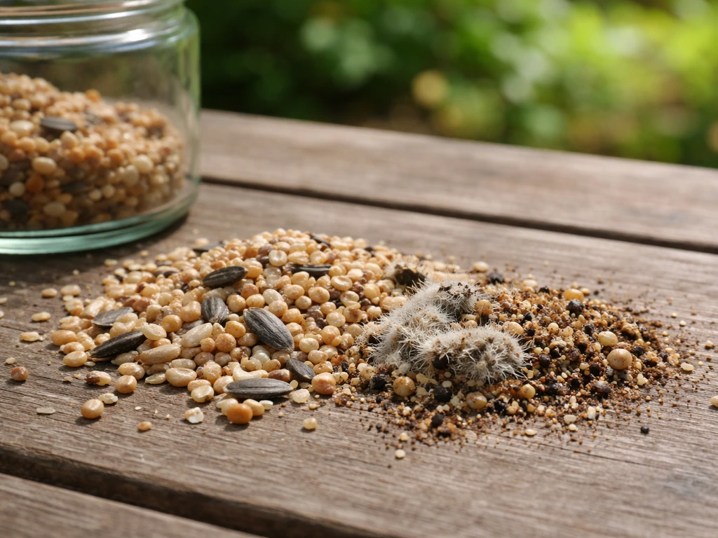 Close-up handful of bird seed with dry flakes and a faint moldy clump on an outdoor inspection surface.