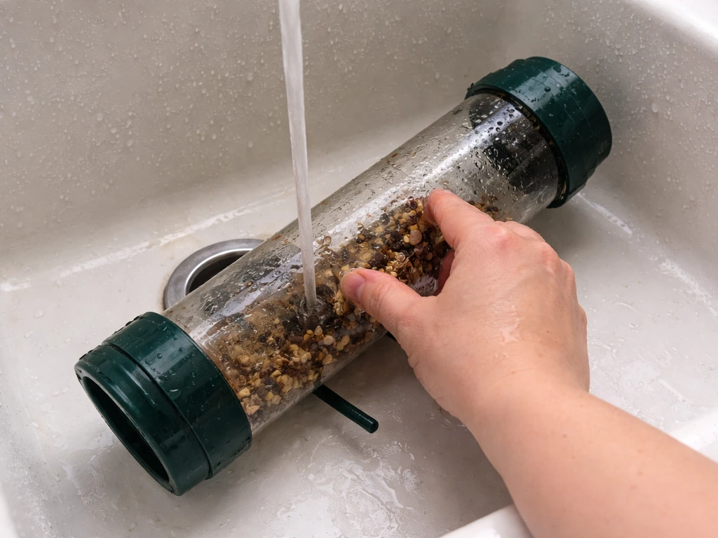 Emptied bird feeder body rinsed and scrubbed in a sink with old residue visible inside.