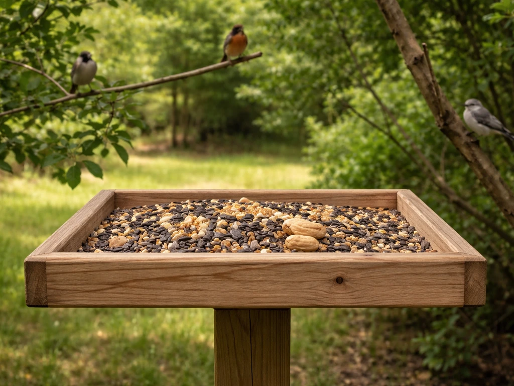 Backyard platform feeder with mixed seed and small birds perched at a distance in soft greenery.