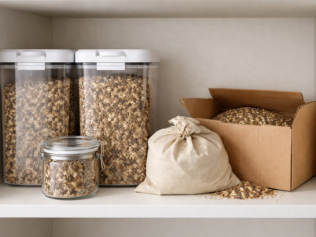 Hard-sided airtight seed containers sealed and dry, with unsuitable open packaging nearby.