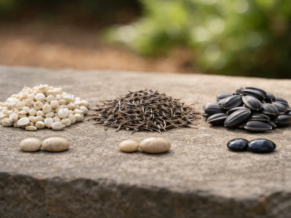 Macro side-by-side piles of safflower, thistle, and hard-coated seeds with matte texture cues for low attraction.