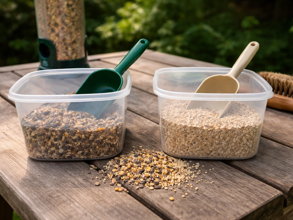 Two small seed bins with scoops showing a gradual transition from old mix to new seed.
