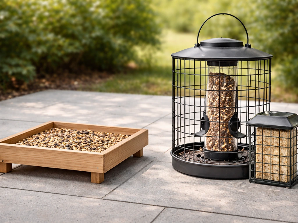 Side-by-side view of an open platform feeder and a wider-ledge caged tube feeder on a patio.