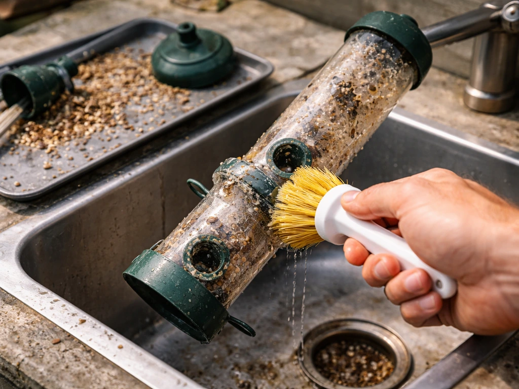 Hand scrubbing a disassembled bird feeder with brush; old seed debris visible in background.