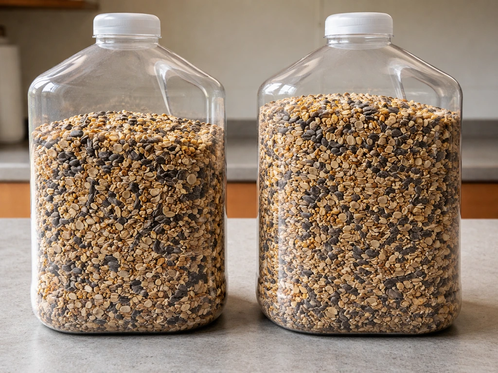 Gallon container with loose bird seed beside a packed, settled mound showing different fill height.