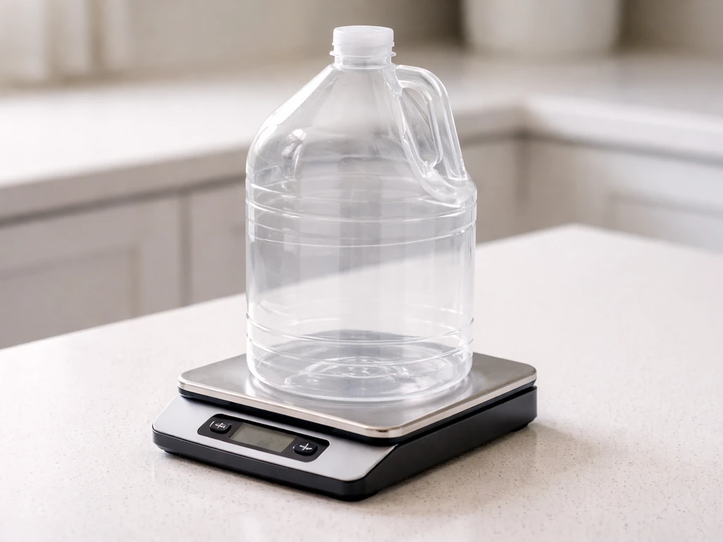 Digital scale with an empty gallon container on it, close-up in a home kitchen setting