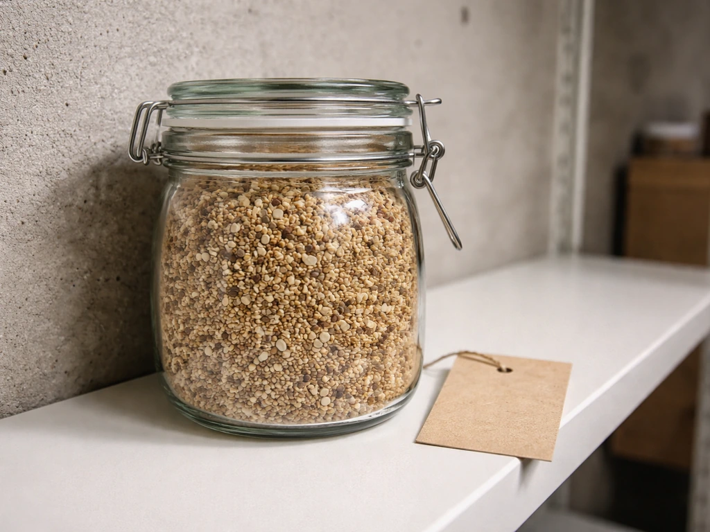 Airtight jar of measured bird seed on a cool, dry basement shelf with a small unlabeled tag.